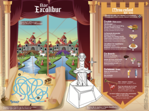 set de table, bar excalibur, dream castle, disney, disneyland, paris, fabulous, hotel, magic circus, jeux, menu, enfant, coloriage, Cyrielle Gilles, graphiste, graphisme, marketing, communication, publicité, freelance, meaux, ile de france, www.vanille-fraise.com