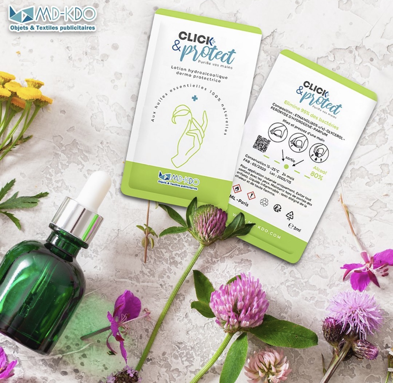 packaging gel hydro-alcoolique individuel MD-KDO Cyrielle Gilles responsable marketing et communication, graphiste, graphisme, pao